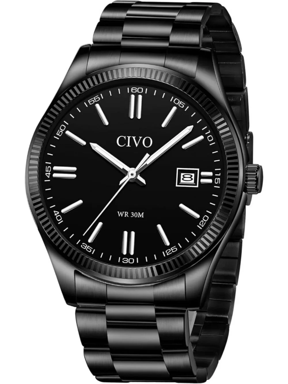 Men's All Black Analog Quartz Skeleton Stainless Steel Round Casual Wrist Watch